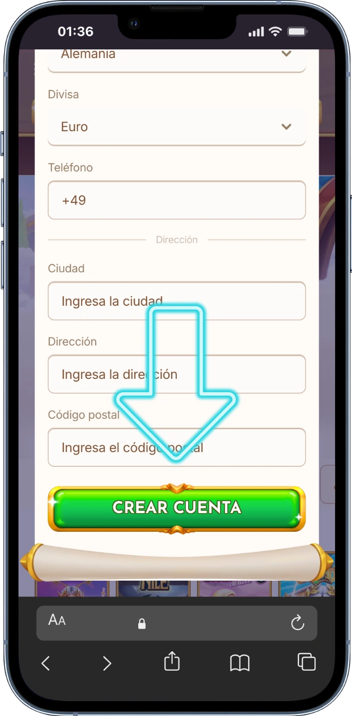Botón crear cuenta bethall entrar