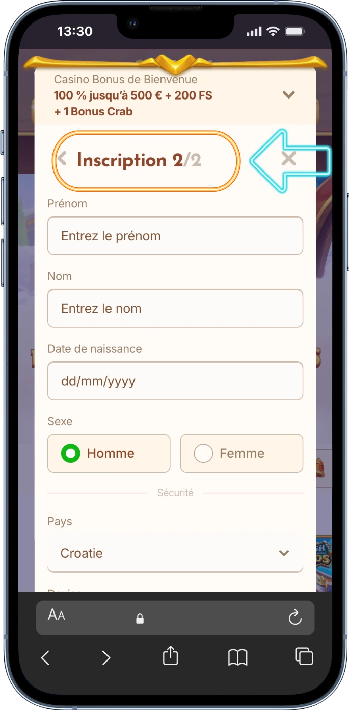 Deuxième étape avec données personnelles bethall casino connexion