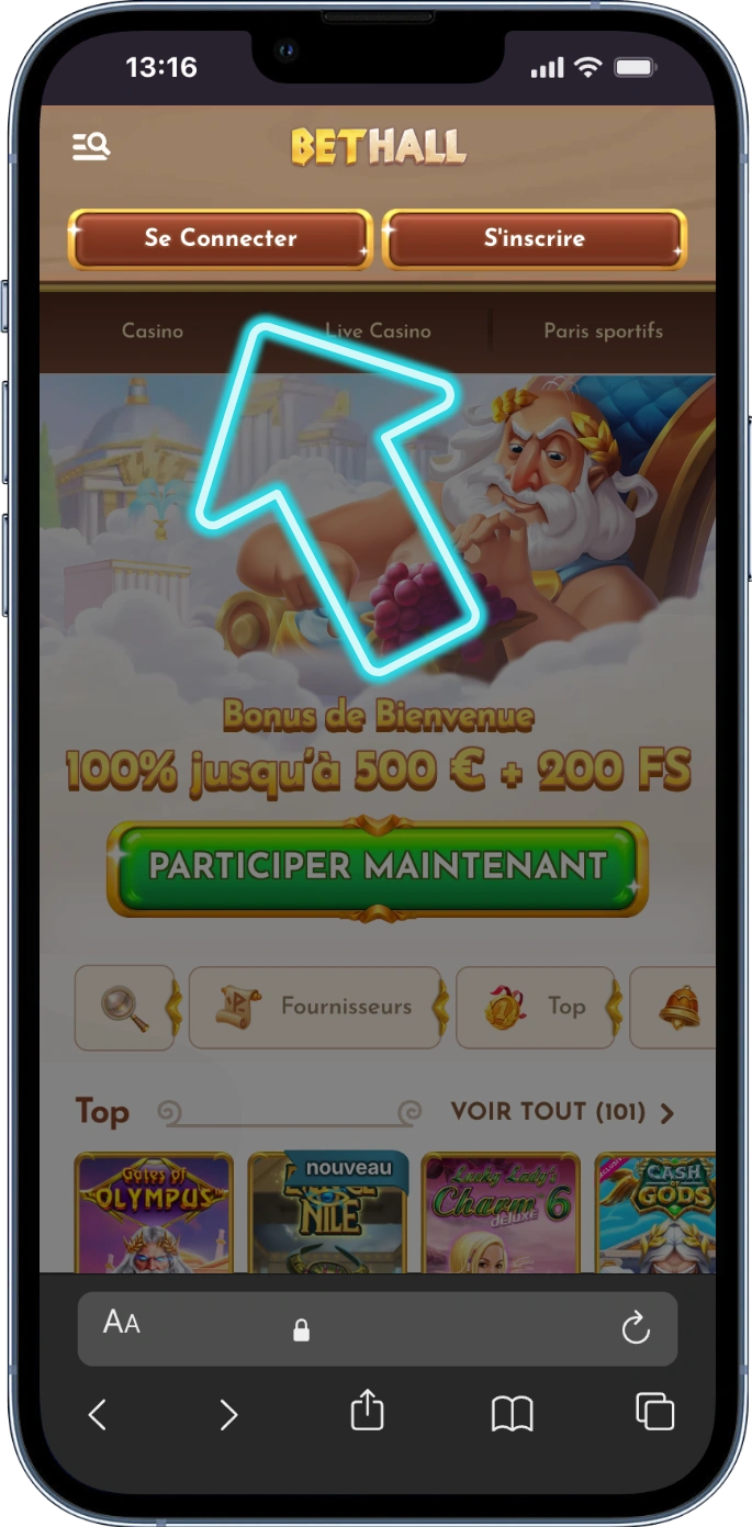 Bouton Se connecter sur bethall casino france