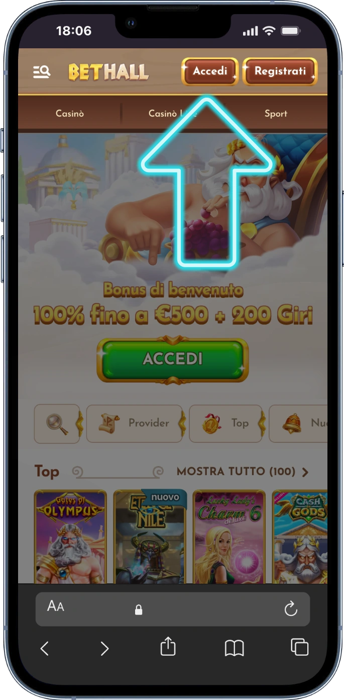 Bethall login pulsante accedi