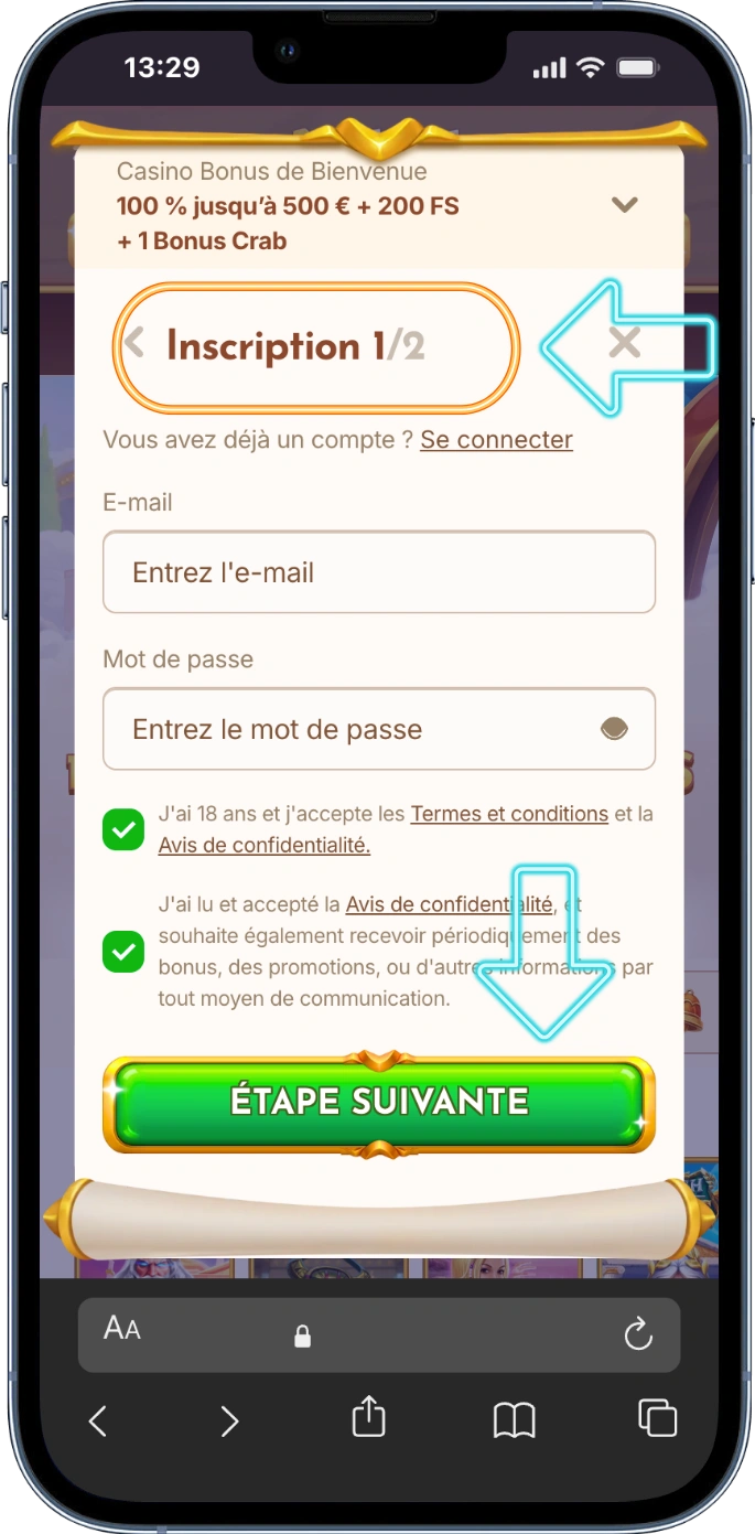Première étape d'inscription sur bethall casino online