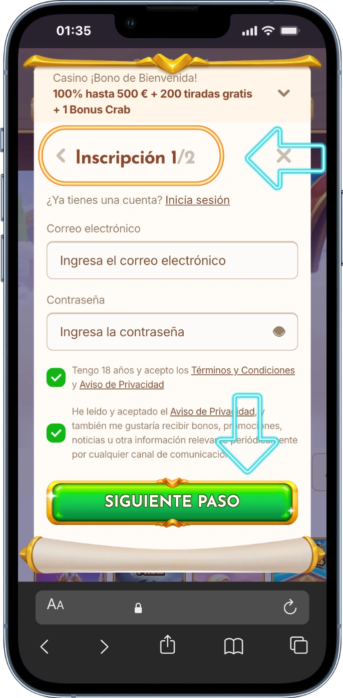 Primer paso de registro bethall casino espana