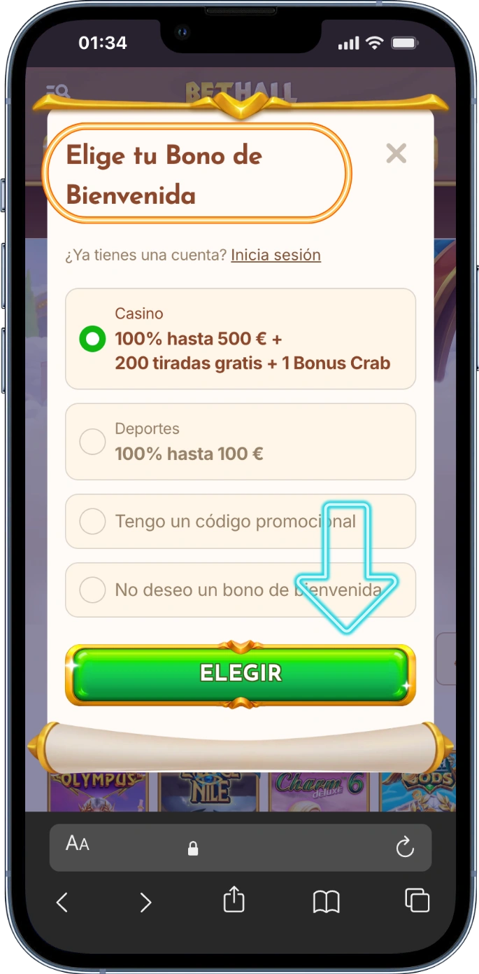 Selección de bono en casino bethall