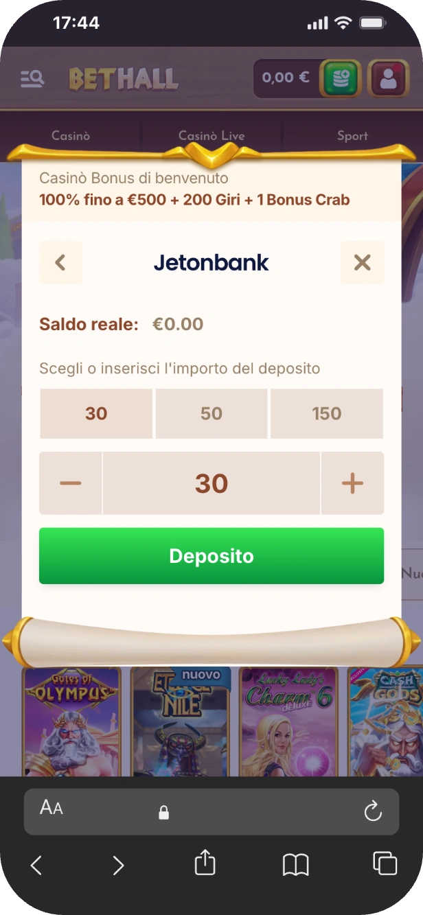 Registrazione Bethall pagamento Jetonbank