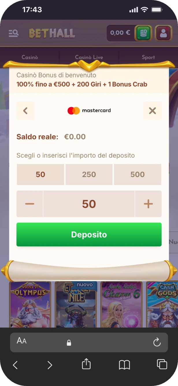 Bethall login pagamento con Mastercard