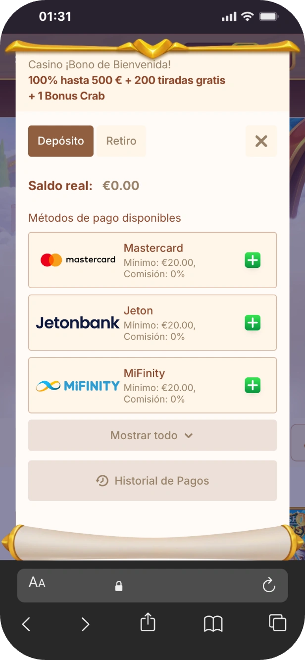 Botón de depósito en casino bethall